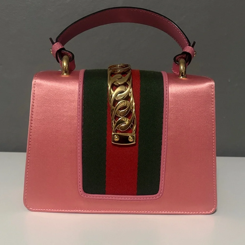 Gucci pink Satin Crystal Mini Sylvie Top Handle Bag - Picture 2 of 8